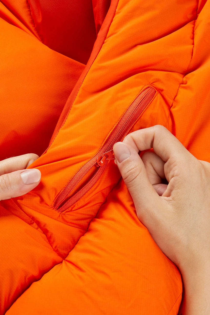 Rab Women's Andes Infinium 800 Down Sleeping Bag in Atomic - zip pull detail, worn