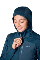 Rab Women's Ascendor Hoody in Tempest Blue - hood up, front, worn