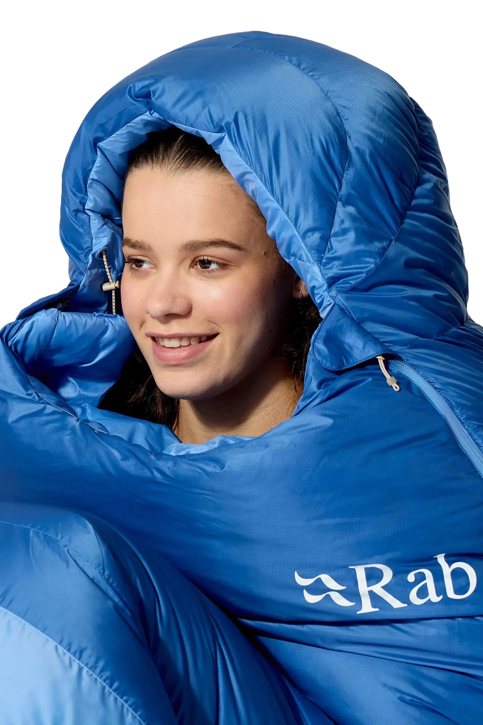 Rab Women's Ascent Down Sleeping Bag (-12°C/10F) in Dark Bluebird/Birdbird - Model Hood Portrait