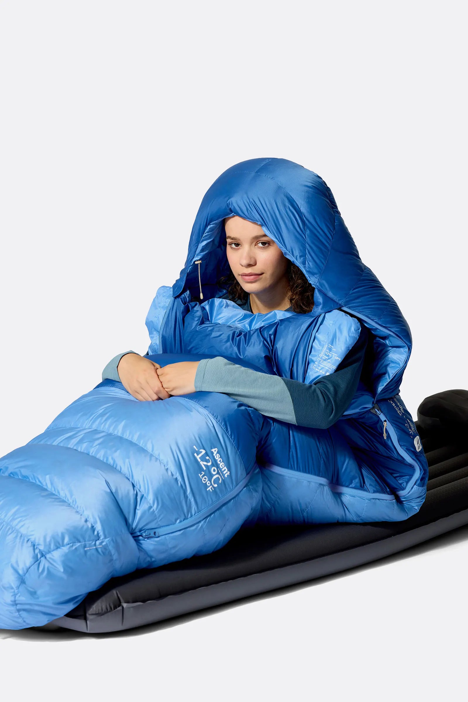 Rab Women's Ascent Down Sleeping Bag (-18°C/0F) in Dark BlueBird/BlueBird - Model Arm Out 2