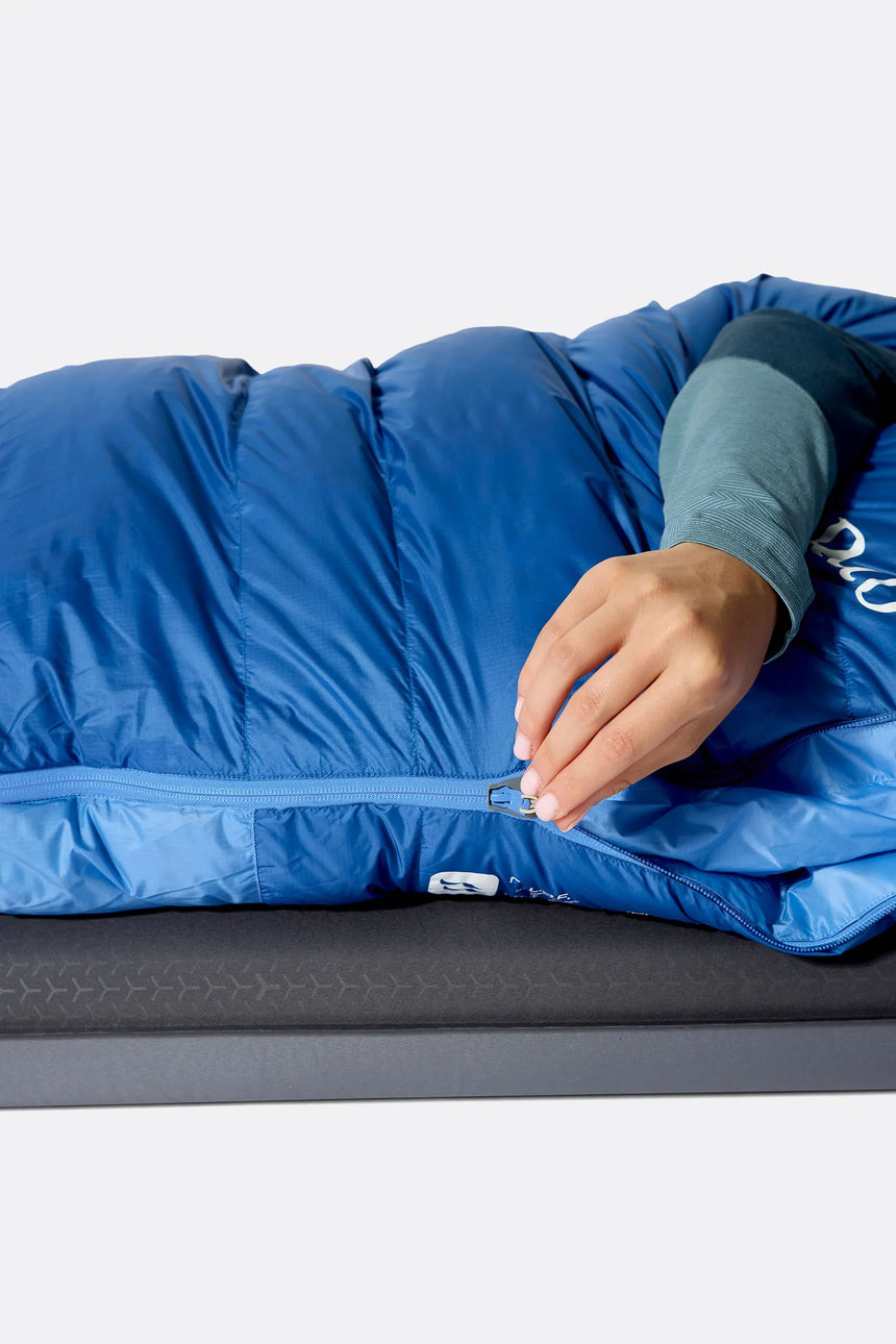 Rab Women's Ascent Down Sleeping Bag (-18°C/0F) in Dark BlueBird/BlueBird - Model Hood Close