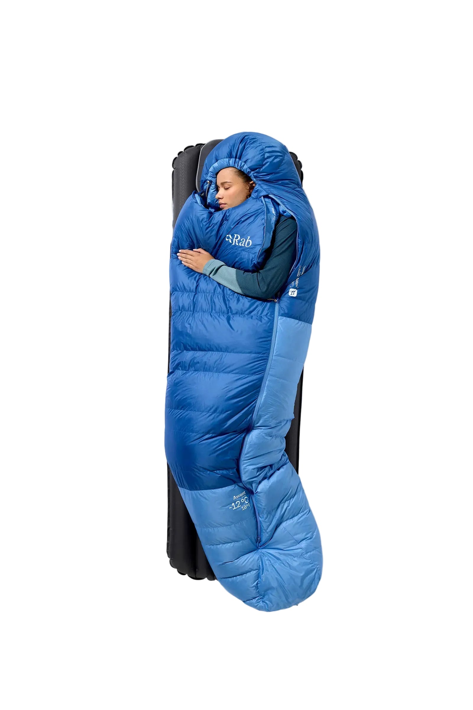Rab Women's Ascent Down Sleeping Bag (-18°C/0F) in Dark BlueBird/BlueBird - Model Lying Overhead
