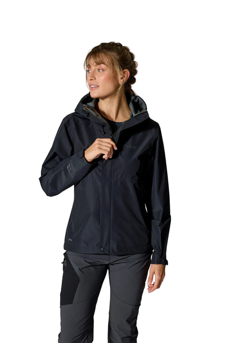 Rab Women's Downpour Eco Jacket in Black (styling reference) - worn, front