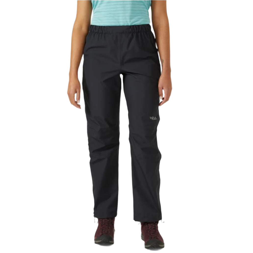 Rab Women's Downpour Eco Waterproof Full Zip Pants in Black - worn, front