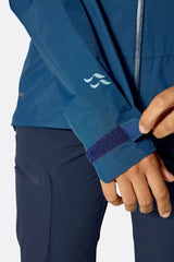 Rab Women's Downpour Mountain Waterproof Jacket in Tempest Blue - sleeve logo detail, side