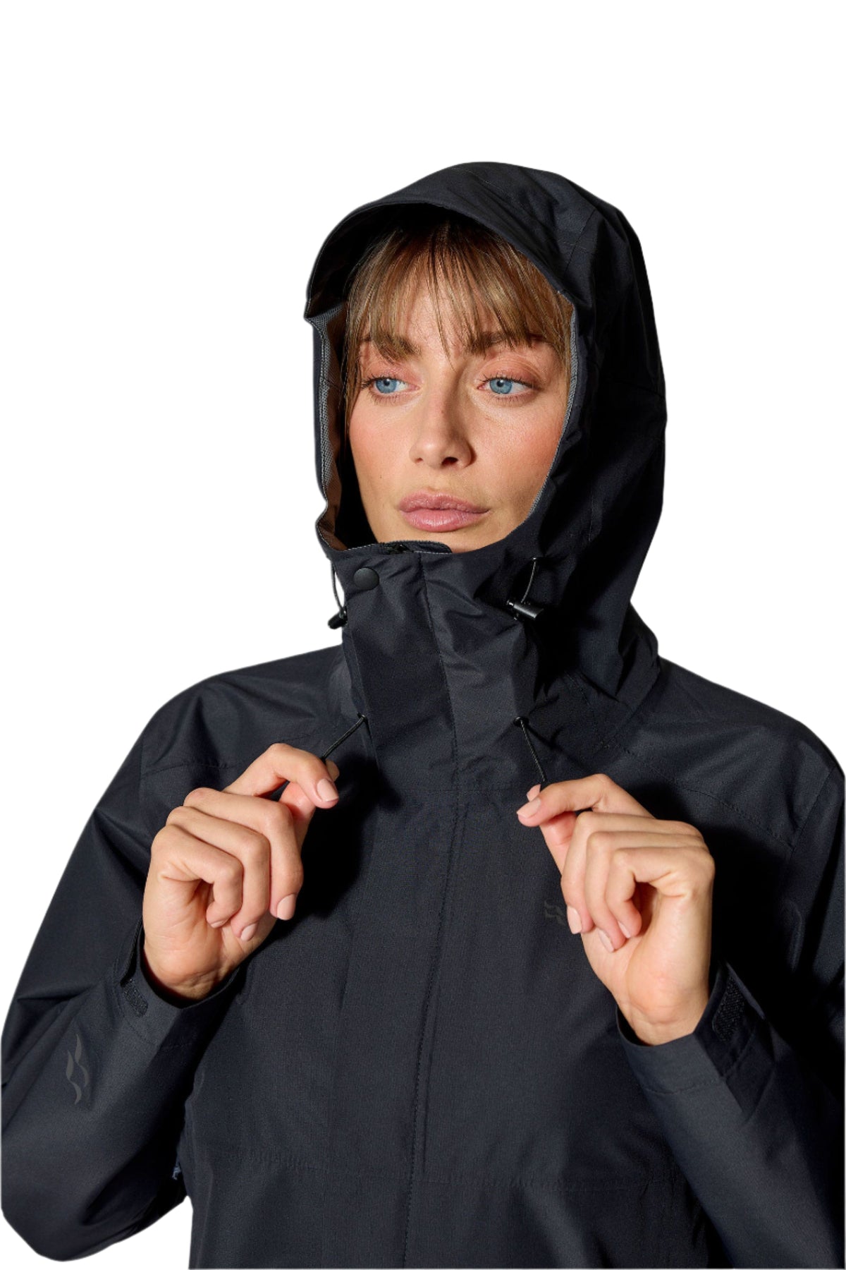 Rab Women's Downpour Waterproof Jacket in Black - hood detail, worn