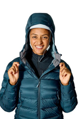 Rab Women's Electron Pro Down Jacket in Black - hood up, worn, front