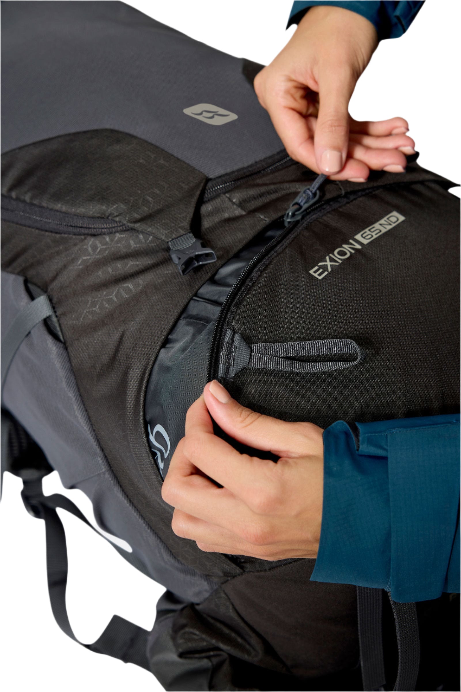 Rab Women's Exion ND65L Hiking Pack in Anthracite/Graphene - Front Zip Access