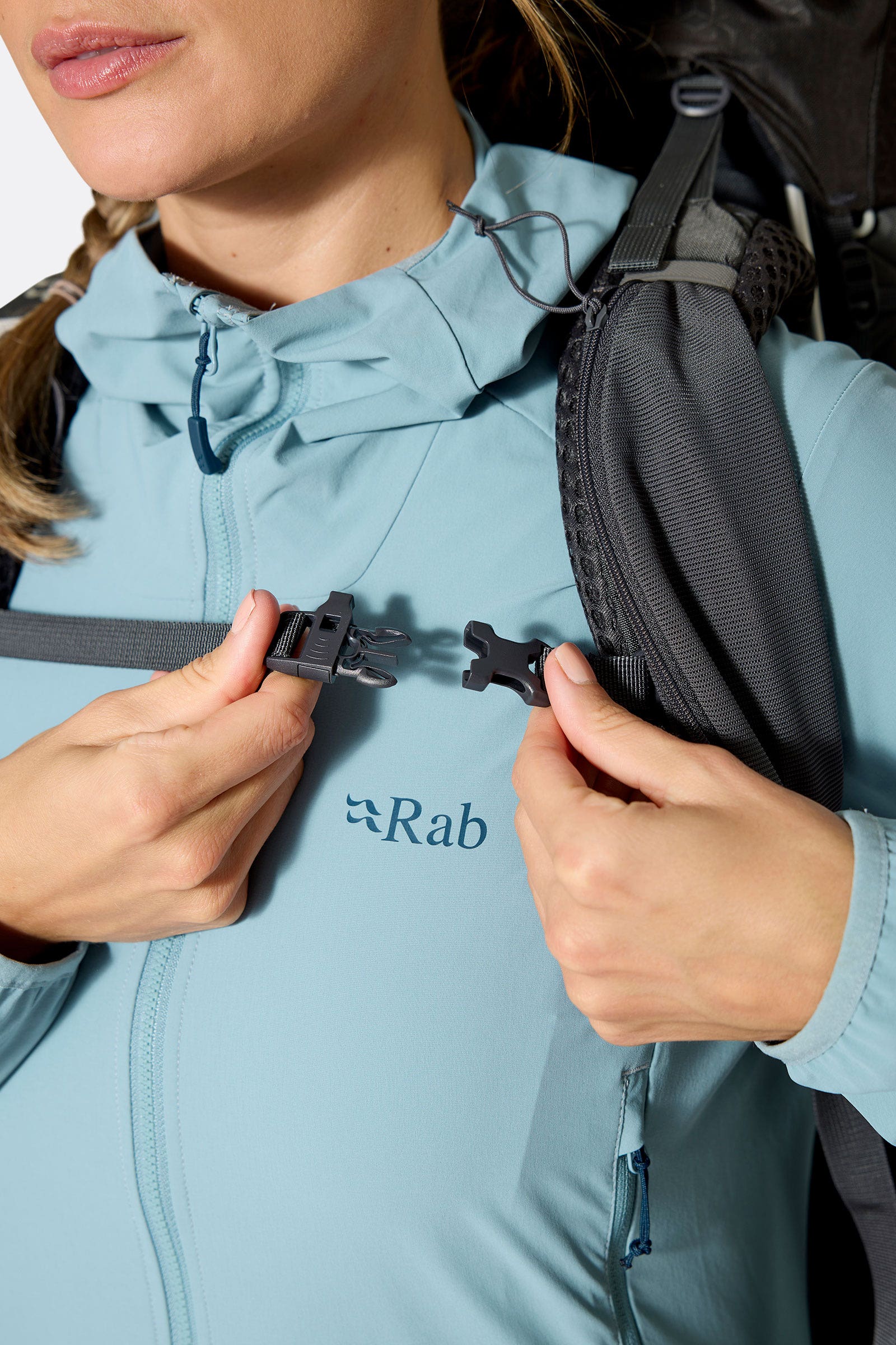 Rab Women's Exion ND65L Hiking Pack in Anthracite/Graphene - Hipbelt Buckle Detail