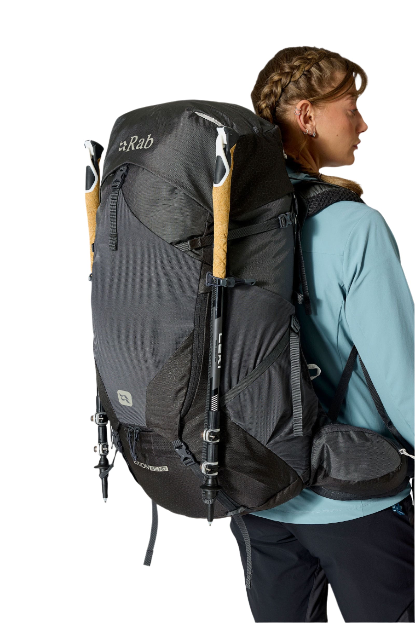 Rab Women's Exion ND65L Hiking Pack in Anthracite/Graphene - On Model Side View