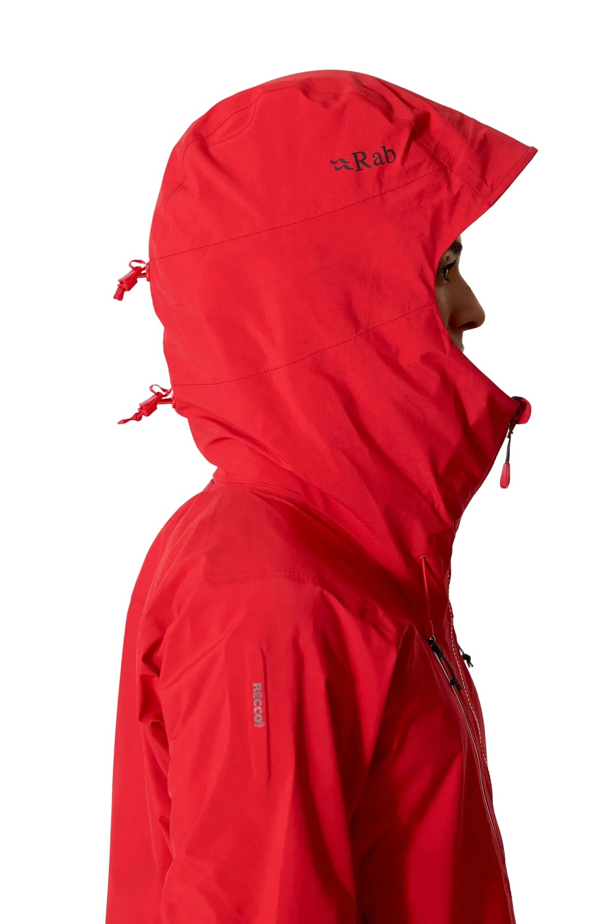 Rab Women's Firewall Guide Waterproof Jacket in Summit Red - hood side detail