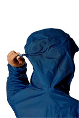 Rab Women's Firewall Mountain Waterproof Jacket in Tempest Blue - hood cinch detail, worn