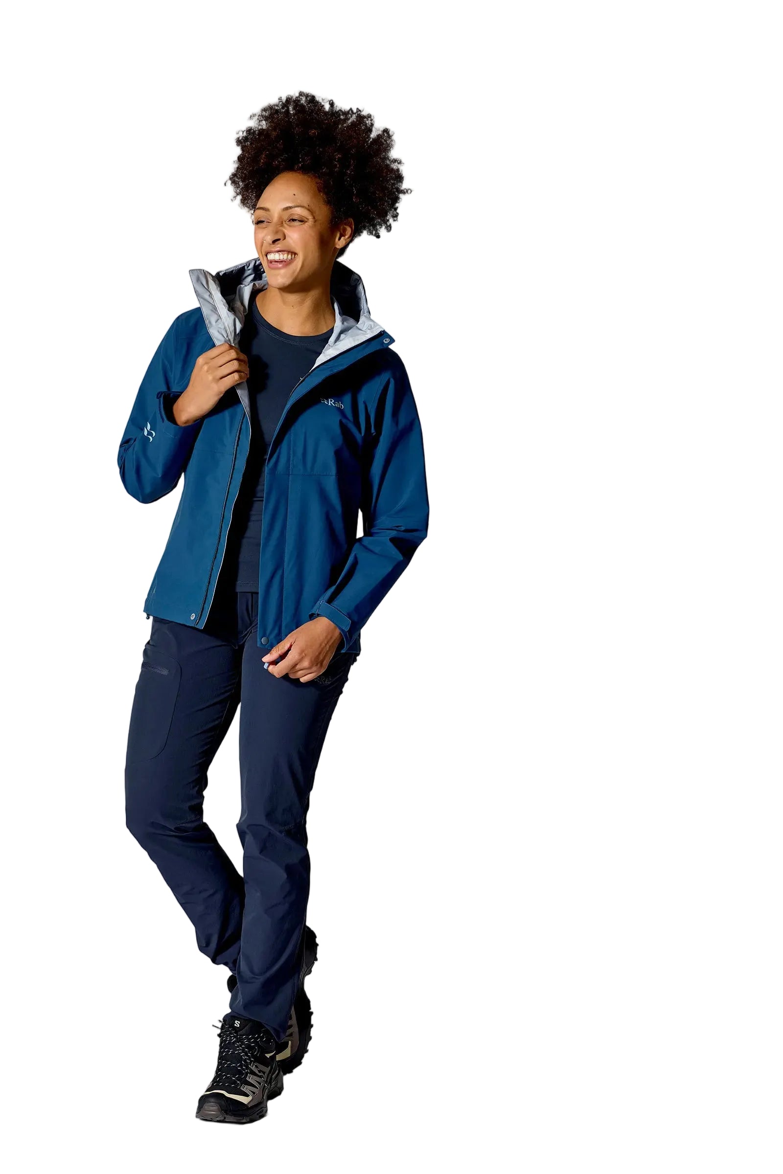Rab Women's Firewall Waterproof Jacket in Tempest Blue - worn, front