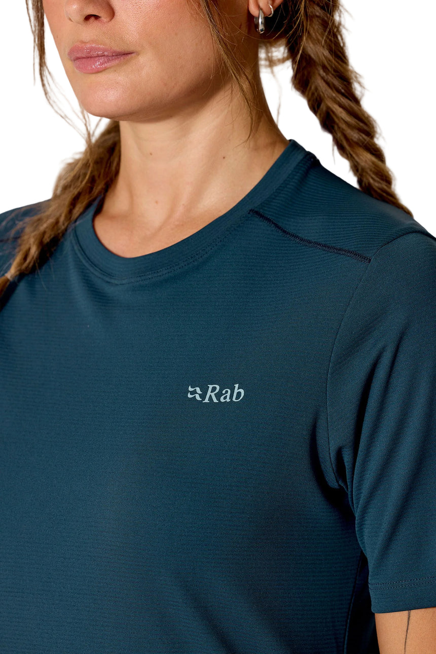 Rab Women's Force Cirque Tee in Tempest Blue - worn