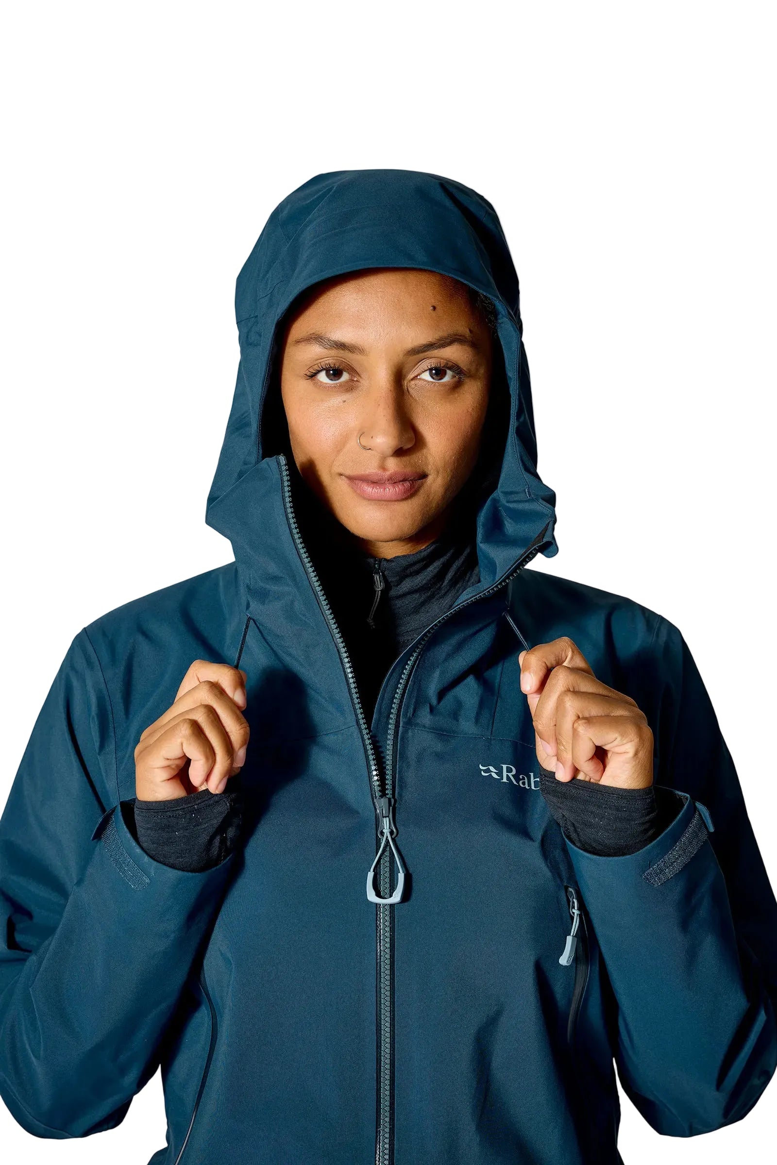 Rab Women's Kangri GORE-TEX Jacket in Tempest Blue (Reference) - Hood Up Worn