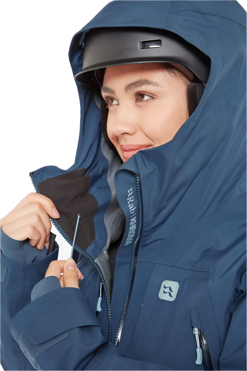 Rab Women's Khroma Converge GORE-TEX Ski Jacket in Tempest Blue - hood adjustment detail, worn (reference only, not a stocked colour)