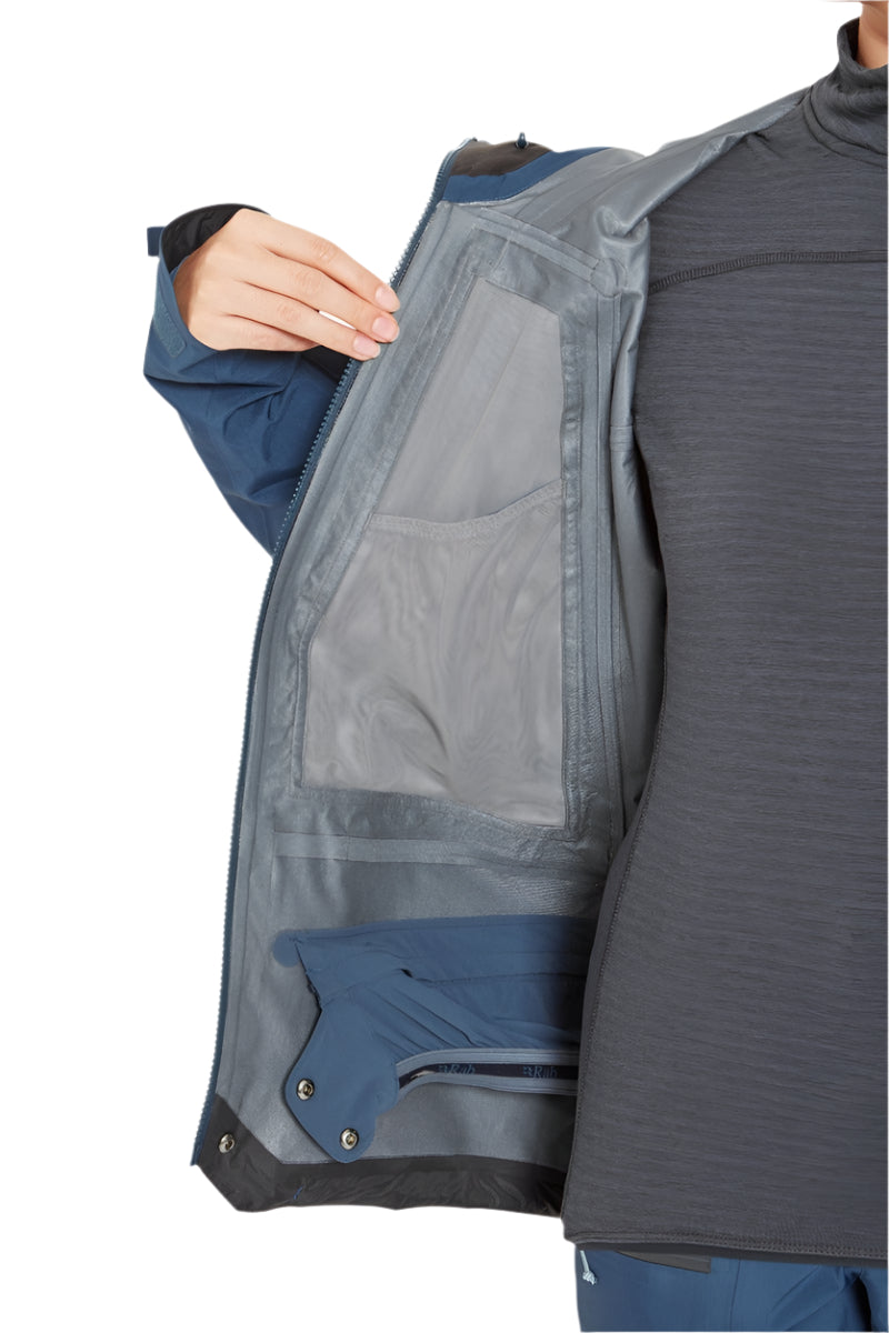 Rab Women's Khroma Converge GORE-TEX Ski Jacket in Tempest Blue - internal zipped pocket detail, worn (reference only, not a stocked colour)
