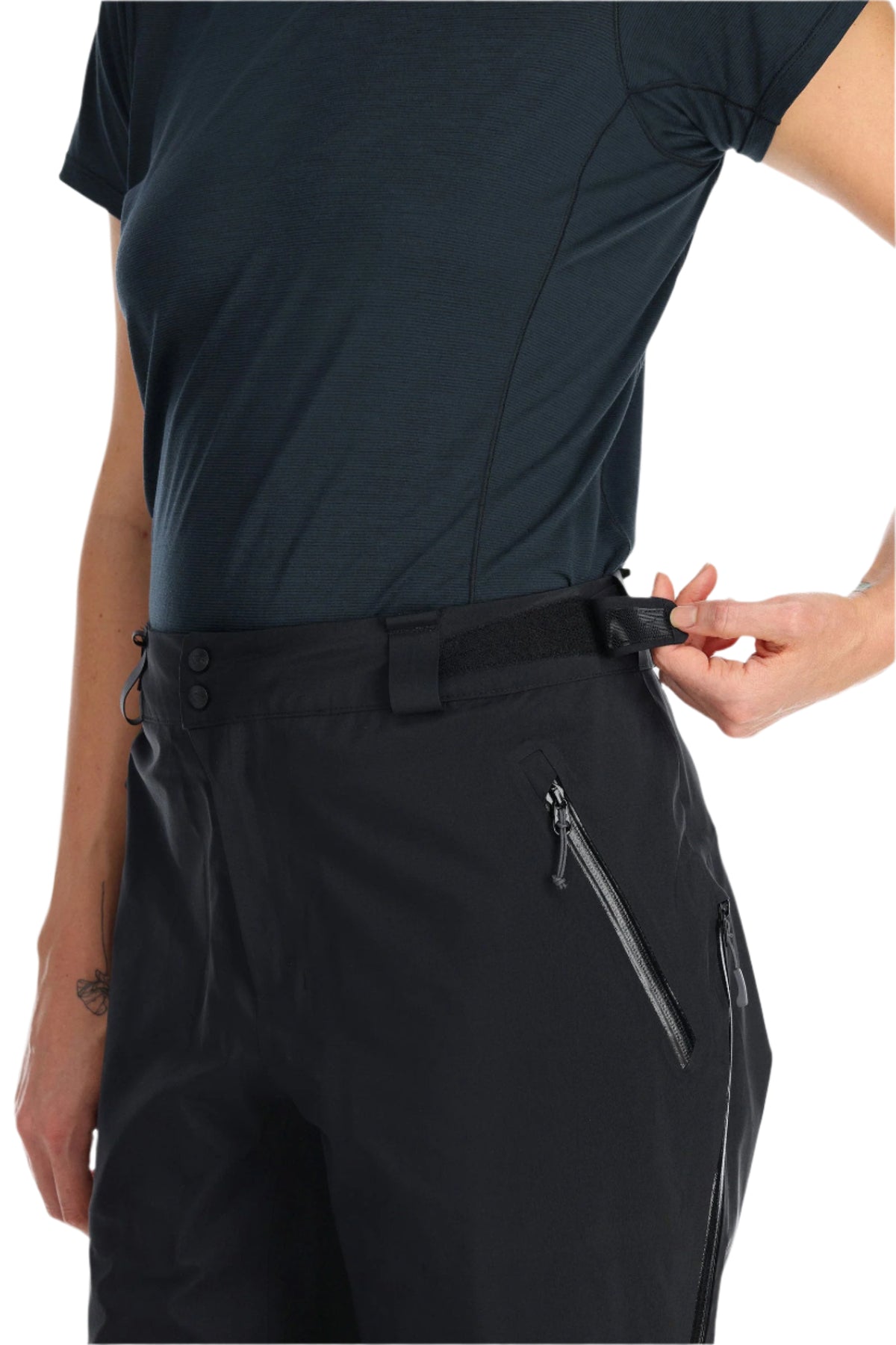 Rab Women's Latok GORE-TEX Pro Pants in Black - waist adjustment detail, worn