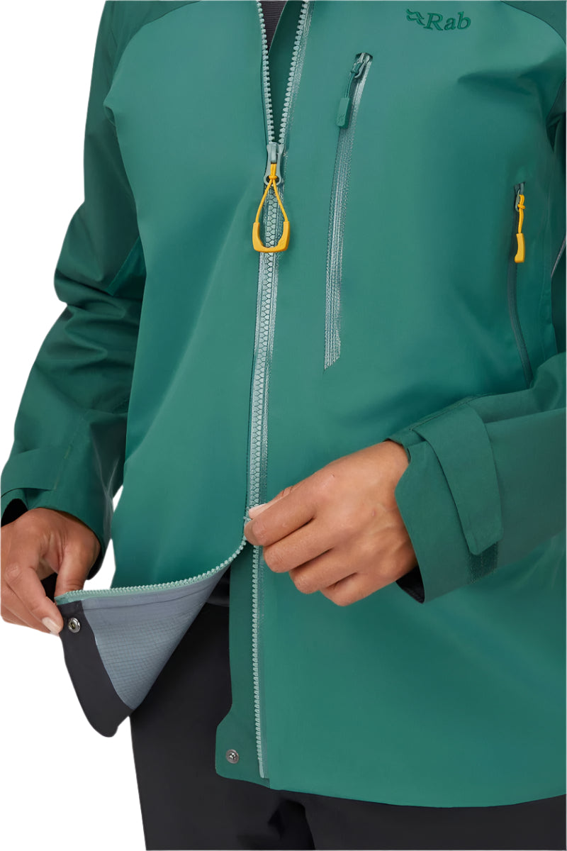 Rab Women's Latok Mountain GORE-TEX Pro Jacket in Greenslate/Eucalyptus - chest pocket clip detail