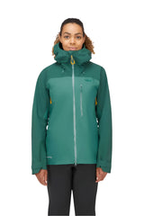Rab Women's Latok Mountain GORE-TEX Pro Jacket in Greenslate/Eucalyptus - worn, front crop