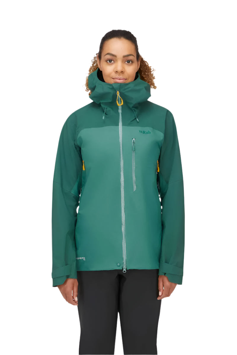 Rab Women's Latok Mountain GORE-TEX Pro Jacket in Greenslate/Eucalyptus - worn, front crop