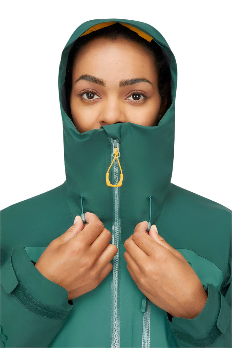 Rab Women's Latok Mountain GORE-TEX Pro Jacket in Greenslate/Eucalyptus - worn, hood up close