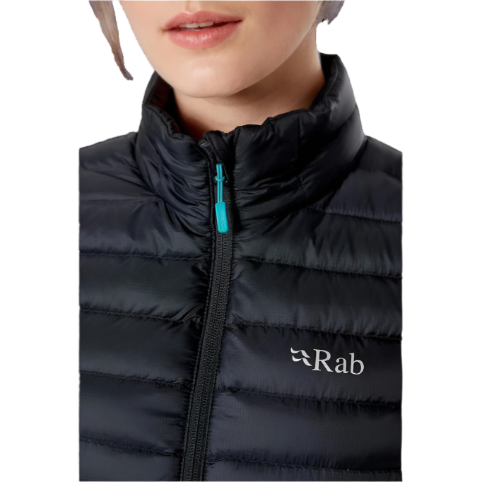 Rab Women's Microlight Down Vest in Black - Neck Zip Detail, Worn