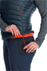 Rab Women's Microlight Down Vest in Orion Blue (Reference) - Hip Drawcord Detail, Worn