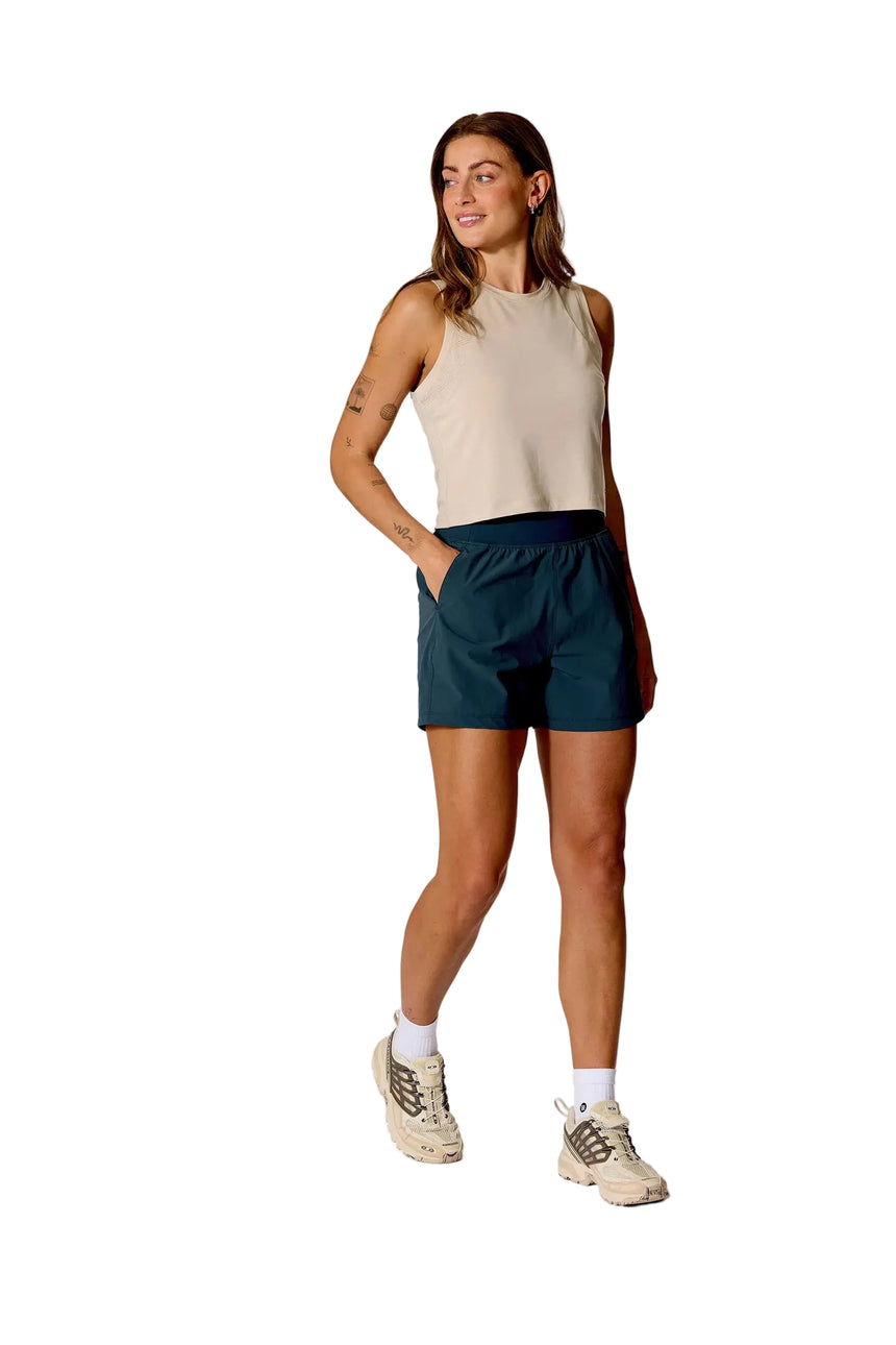 Rab Women's Momentum Shorts in Orion Blue - on model, front, full length
