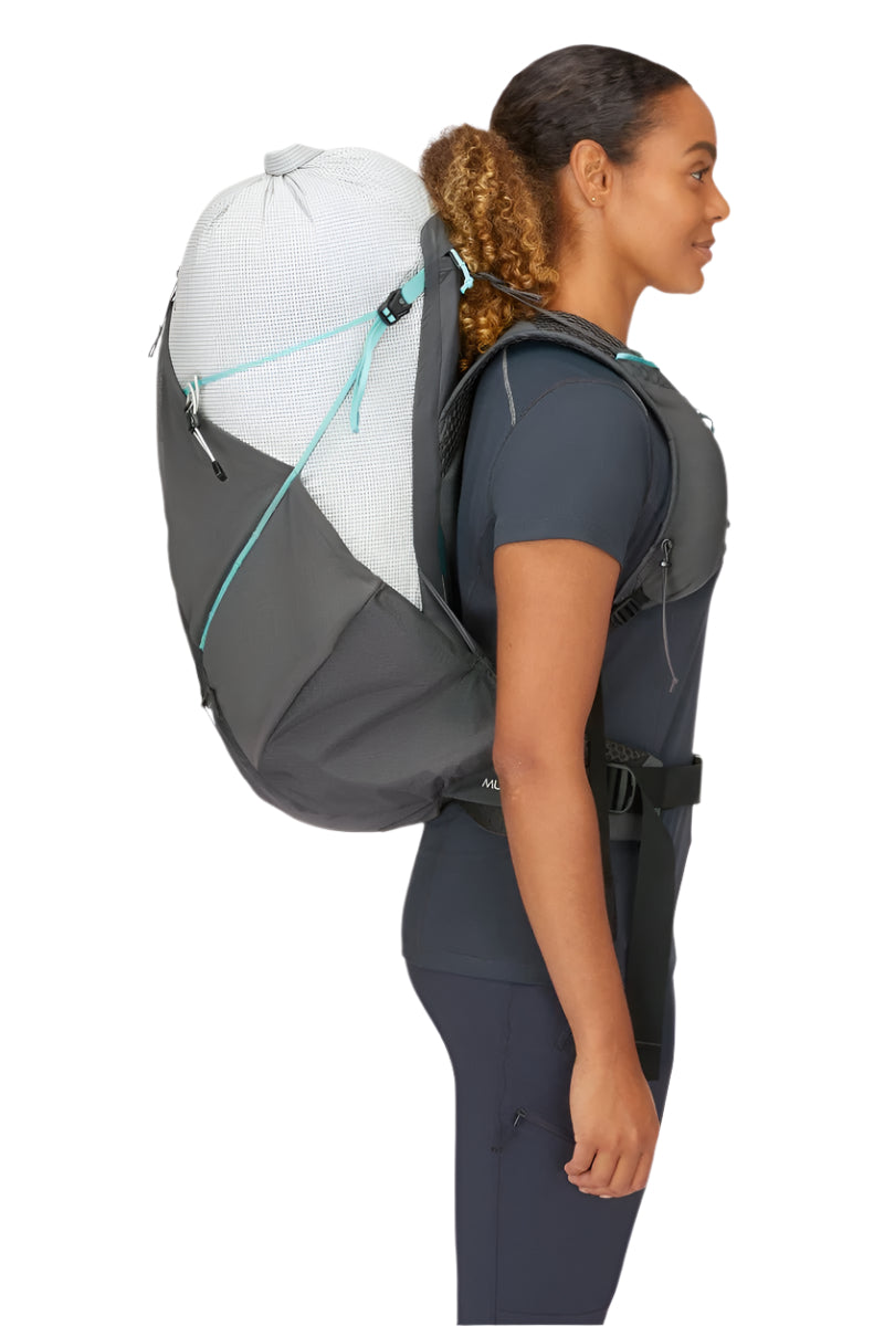 Rab Women's Muon ND40L Hiking Pack in Pewter/Graphene - On Model Three Quarter View
