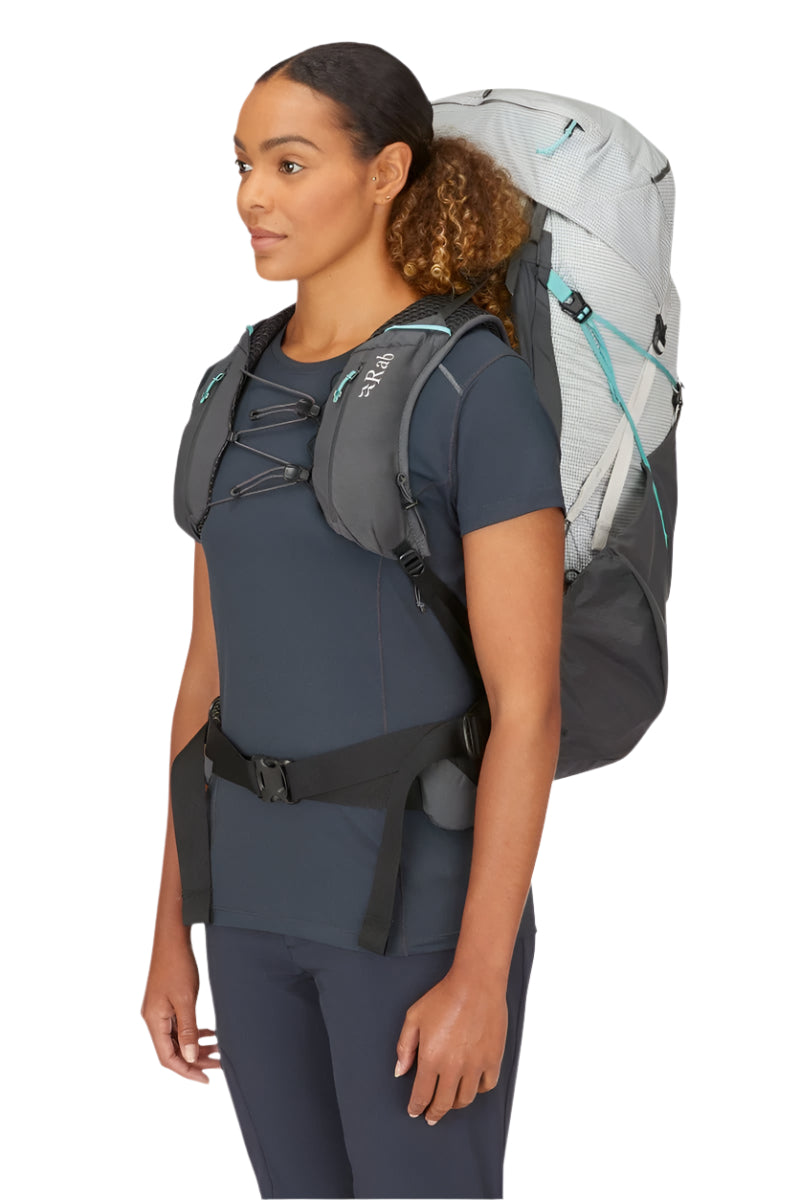 Rab Women's Muon ND50L Hiking Pack in Pewter/Graphene - On Model Three Quarter View