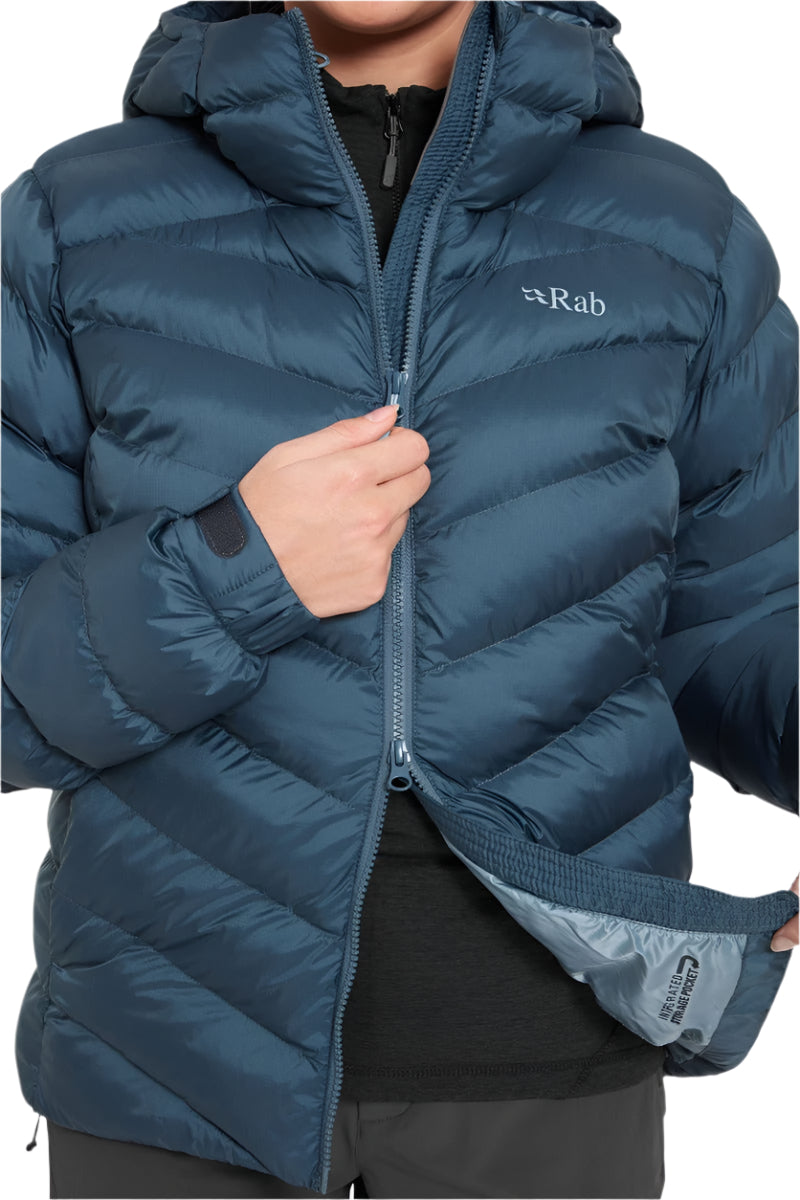 Rab Women's Nebitron Pro Insulated Jacket in Orion Blue - chest zip detail worn