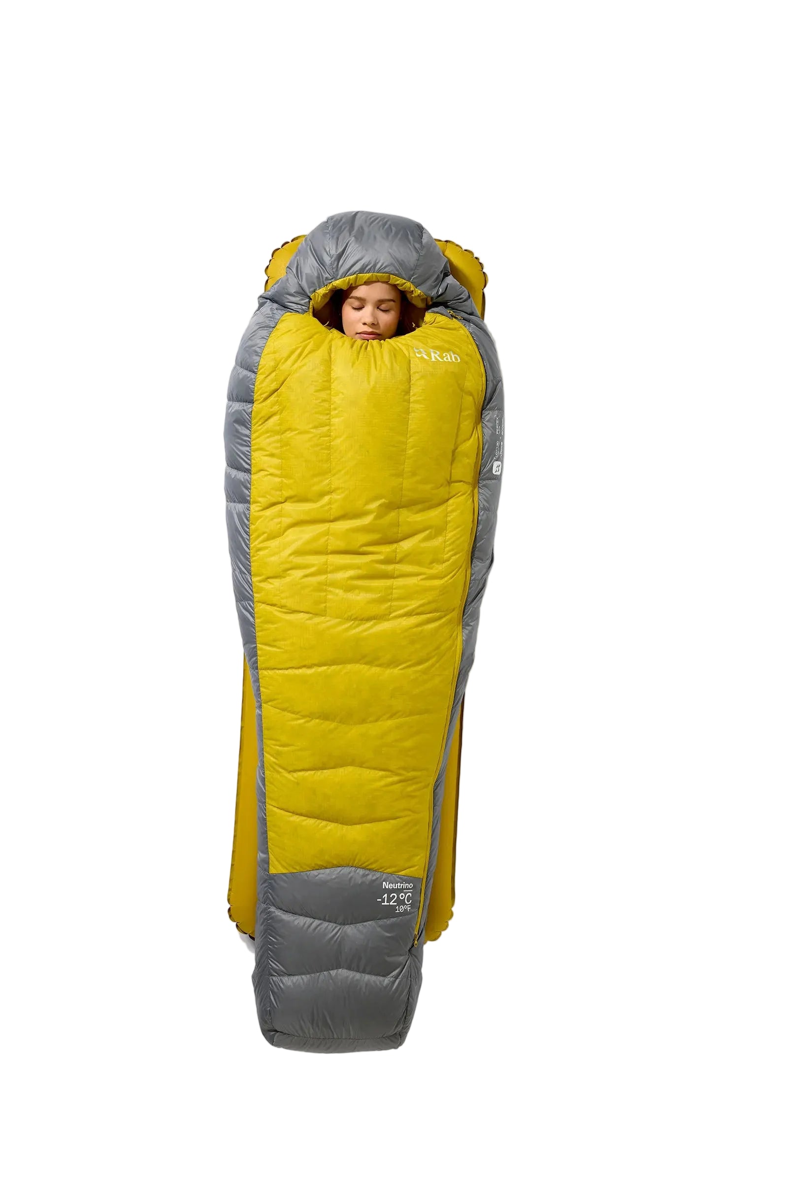 Rab Women's Neutrino Down Sleeping Bag (-6°C/20F) in Zinc/Dark Pollen - Model Front
