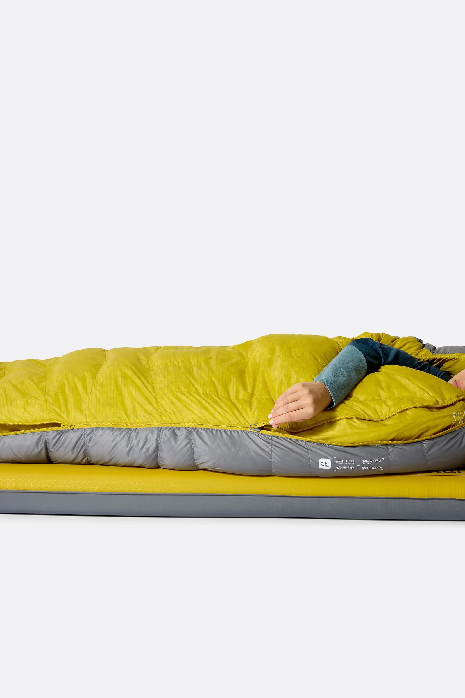 Rab Women's Neutrino Down Sleeping Bag (-6°C/20F) in Zinc/Dark Pollen - Model Lying Detail
