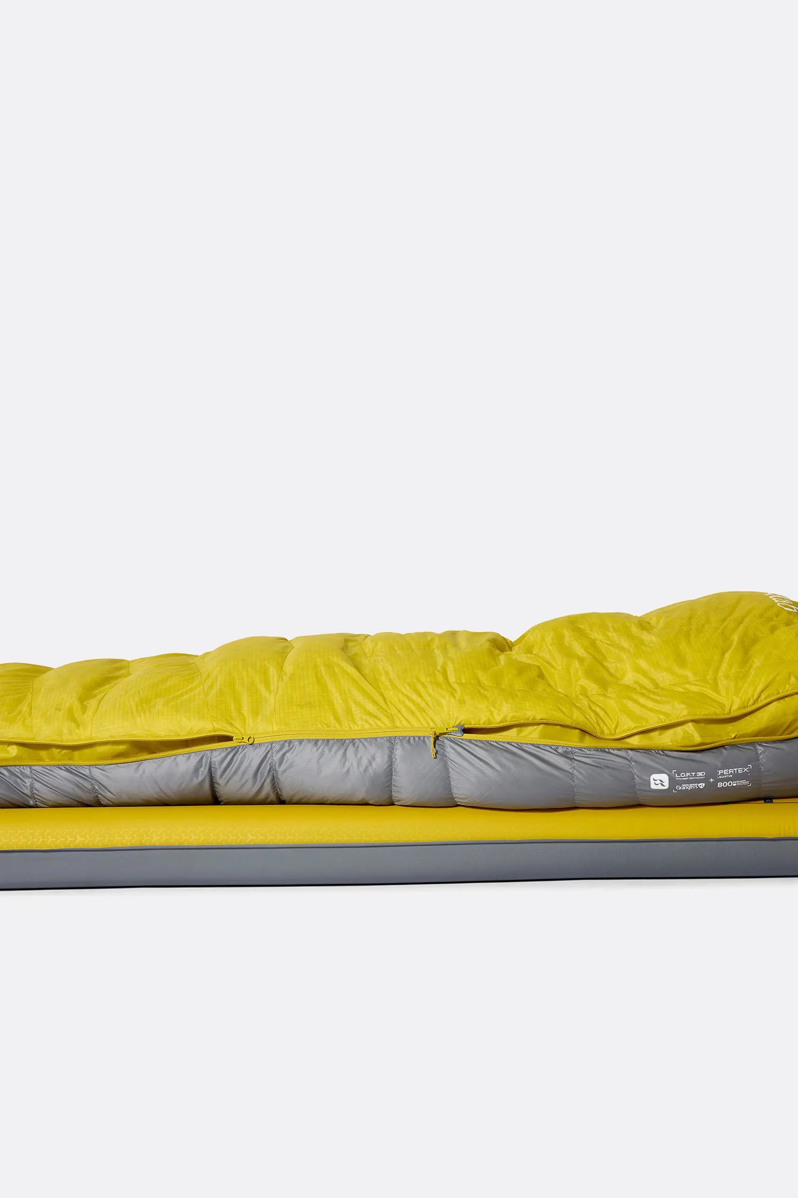 Rab Women's Neutrino Down Sleeping Bag (-6°C/20F) in Zinc/Dark Pollen - Model Lying Flat