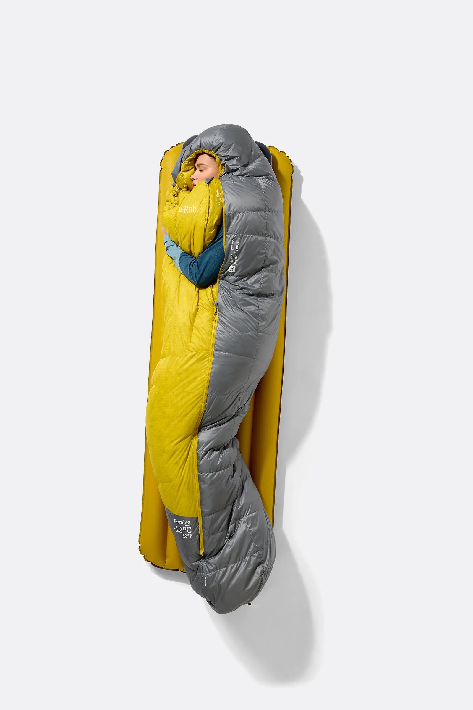 Rab Women's Neutrino Down Sleeping Bag (-6°C/20F) in Zinc/Dark Pollen - Packed Front