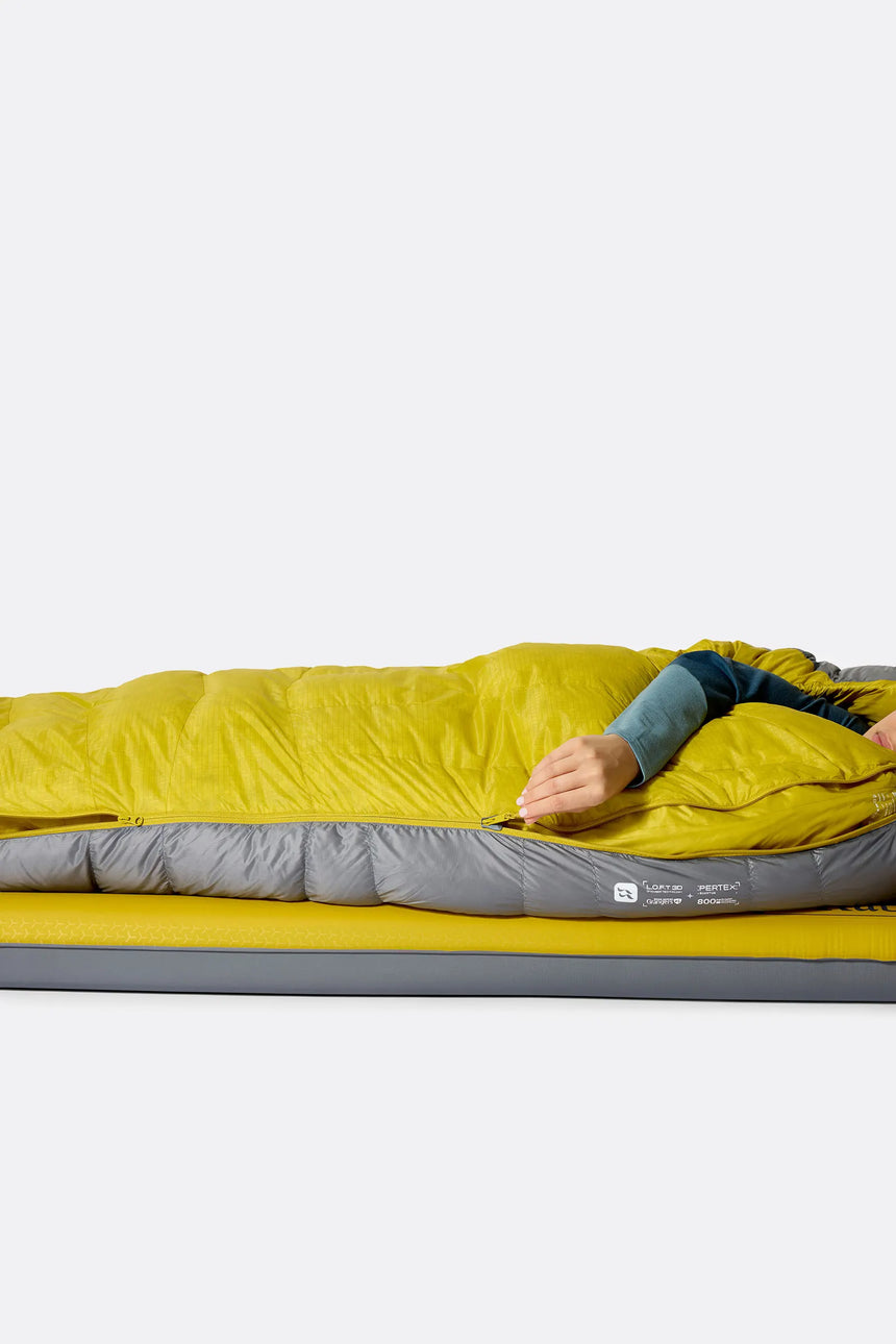 Rab Women's Neutrino Down Sleeping Bag in Zinc/Dark Pollen - worn side open