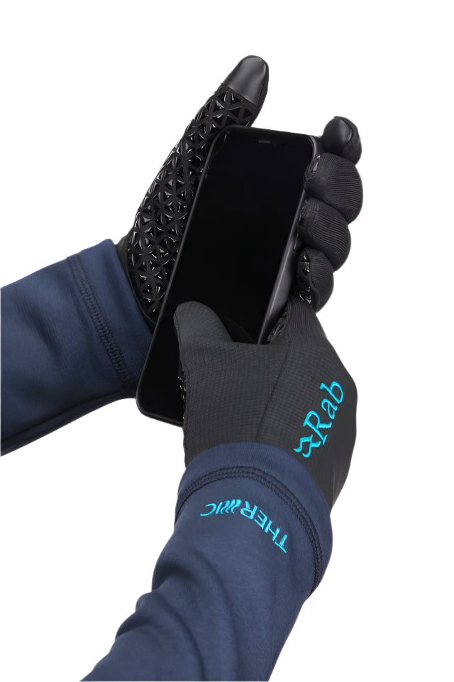Rab Women's Phantom Grip Gloves in Black - Touchscreen Detail, Worn