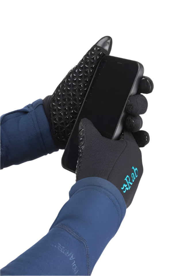 Rab Women's Power Stretch Contact Grip Gloves in Black - Touchscreen Detail, Worn