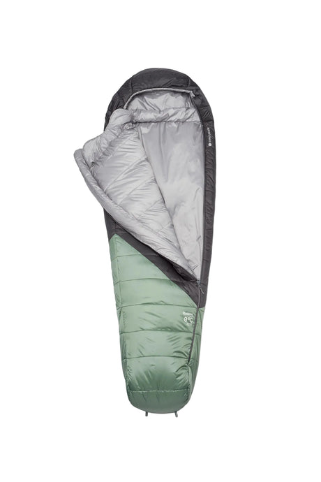 Rab Women's Radeon Synthetic Sleeping Bag (0°C/32F) in Dark Fig Green/Graphene - styled, angled