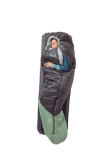 Rab Women's Radeon Synthetic Sleeping Bag (0°C/32F) in Dark Fig Green/Graphene - worn, lying flat