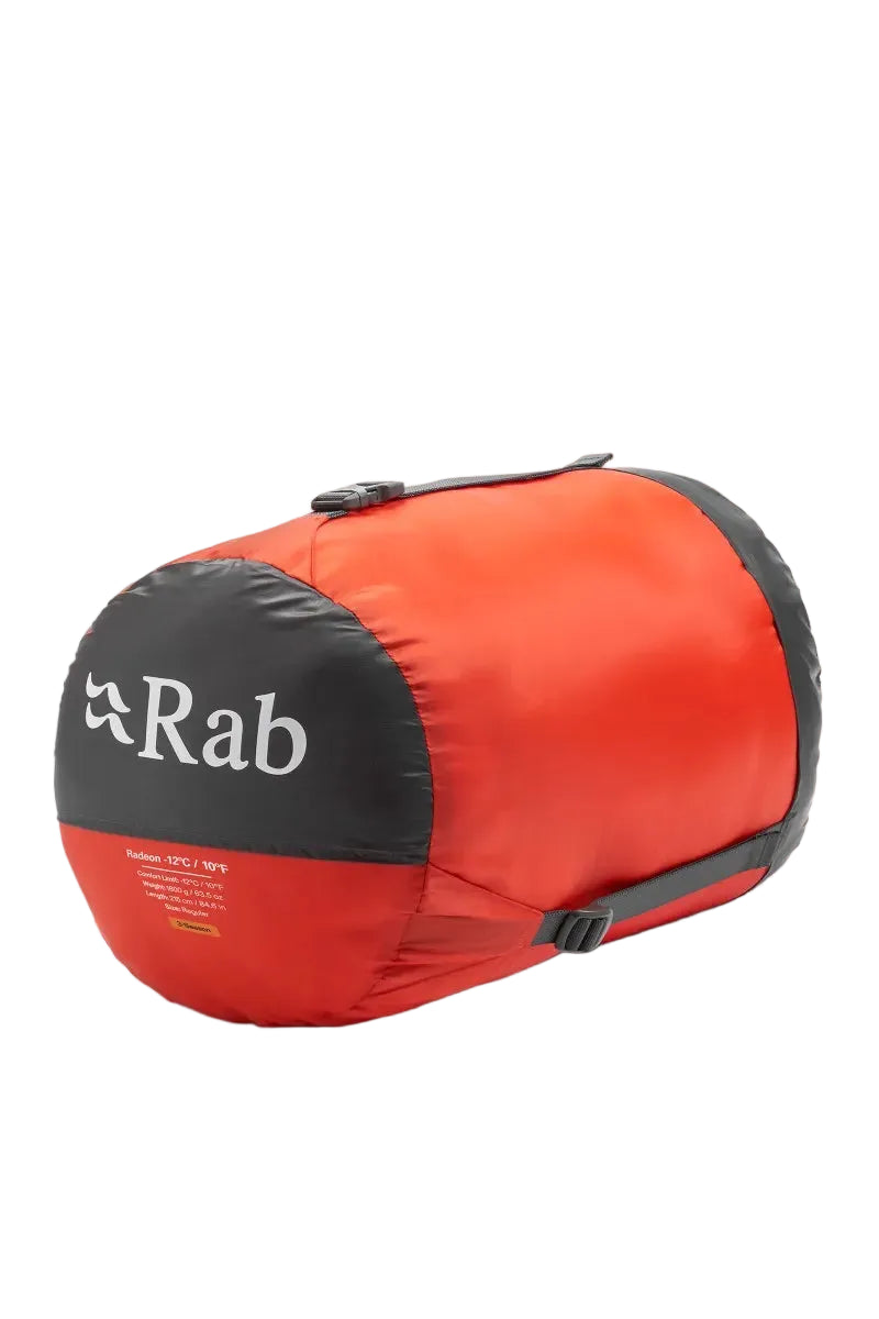 Rab Women's Radeon Synthetic Sleeping Bag (-12°C/10F) in Dark Fig Green/Graphene - packed in stuff sack