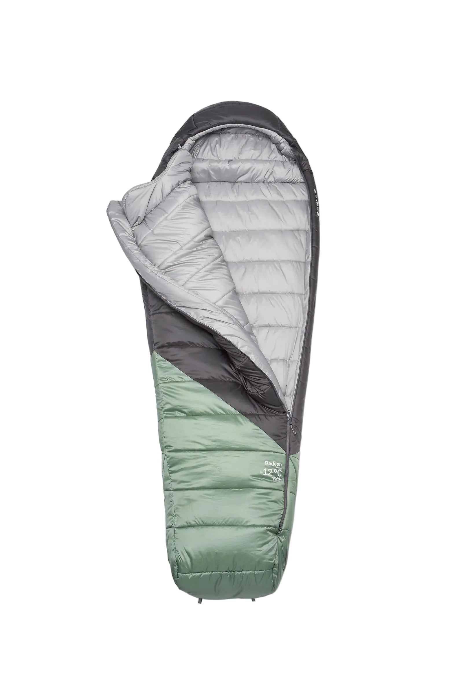 Rab Women's Radeon Synthetic Sleeping Bag (-12°C/10F) in Dark Fig Green/Graphene - styled, angled