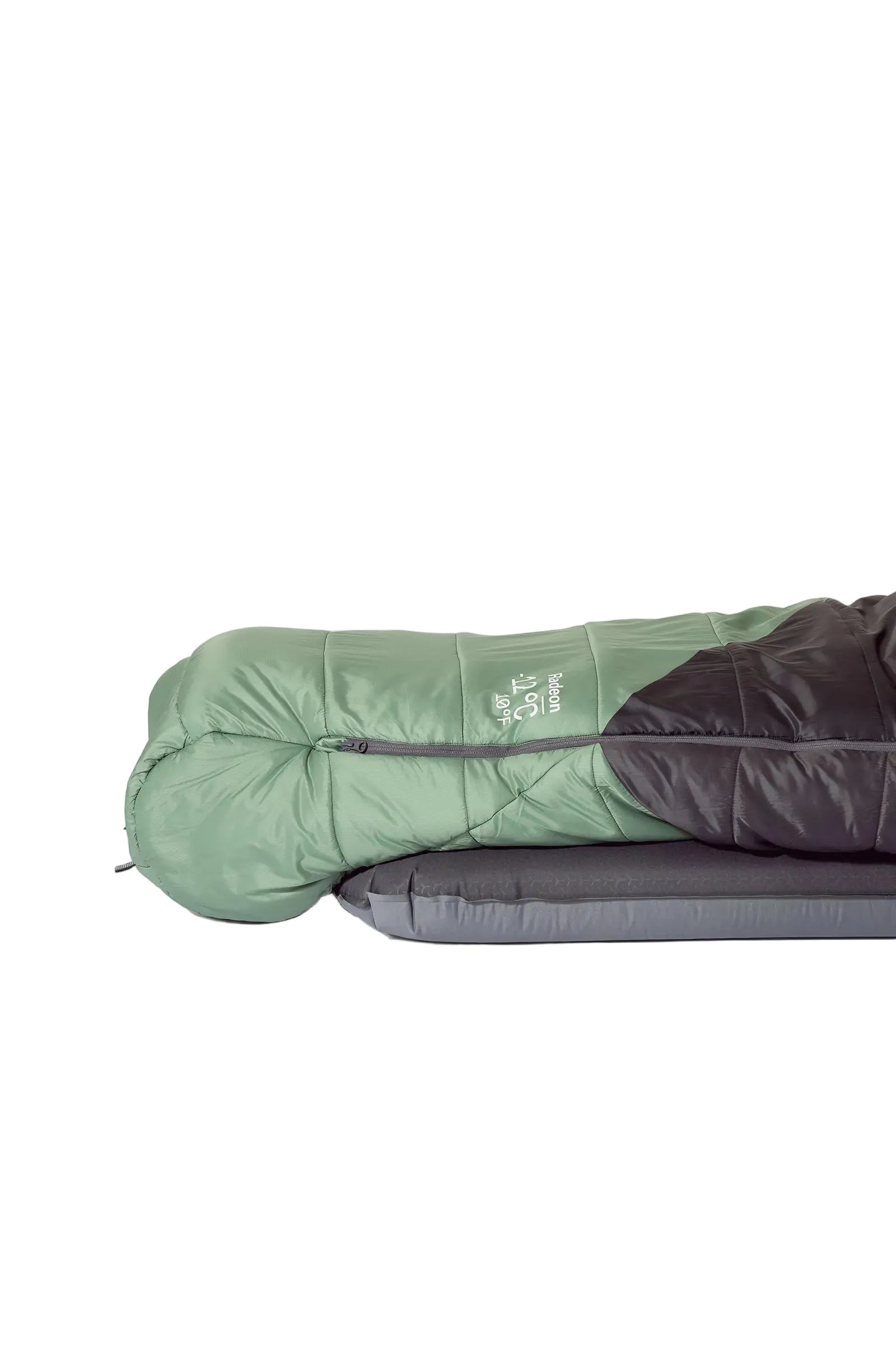 Rab Women's Radeon Synthetic Sleeping Bag (-12°C/10F) in Dark Fig Green/Graphene - worn