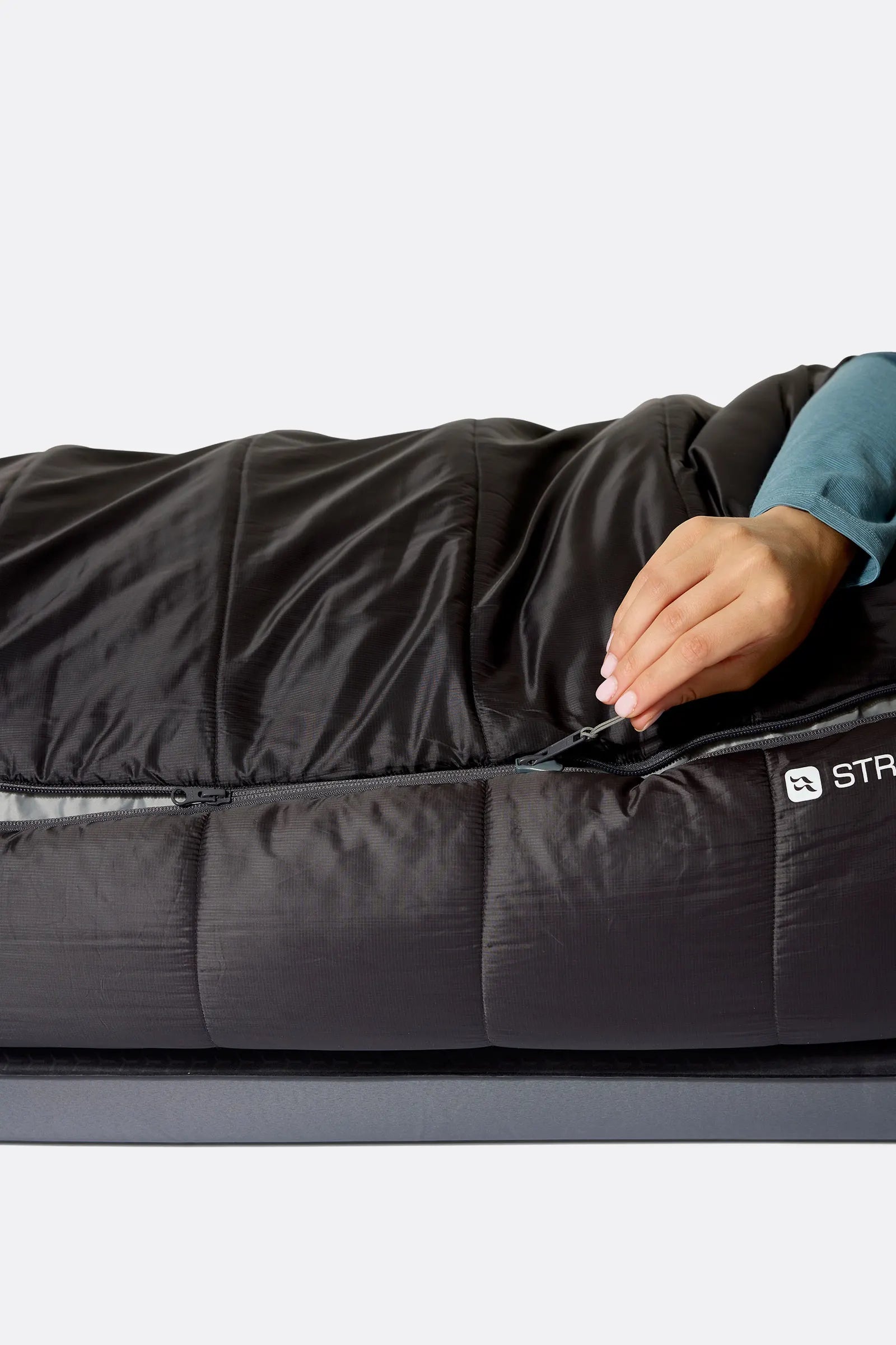 Rab Women's Radeon Synthetic Sleeping Bag (-12°C/10F) in Dark Fig Green/Graphene - worn, drawcord detail