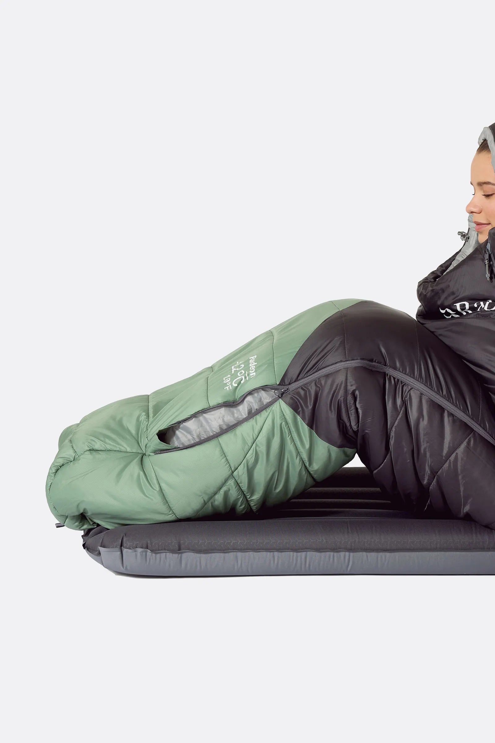 Rab Women's Radeon Synthetic Sleeping Bag (-12°C/10F) in Dark Fig Green/Graphene - worn, fabric detail