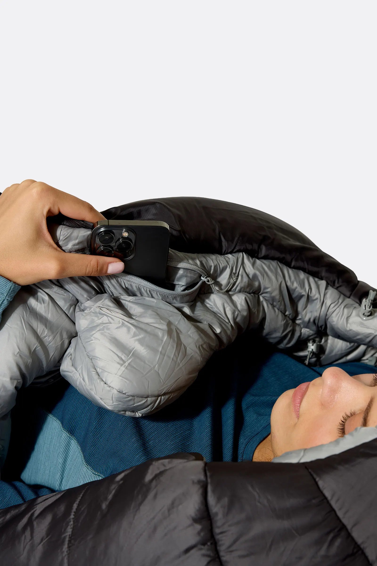 Rab Women's Radeon Synthetic Sleeping Bag (-12°C/10F) in Dark Fig Green/Graphene - worn, interior detail