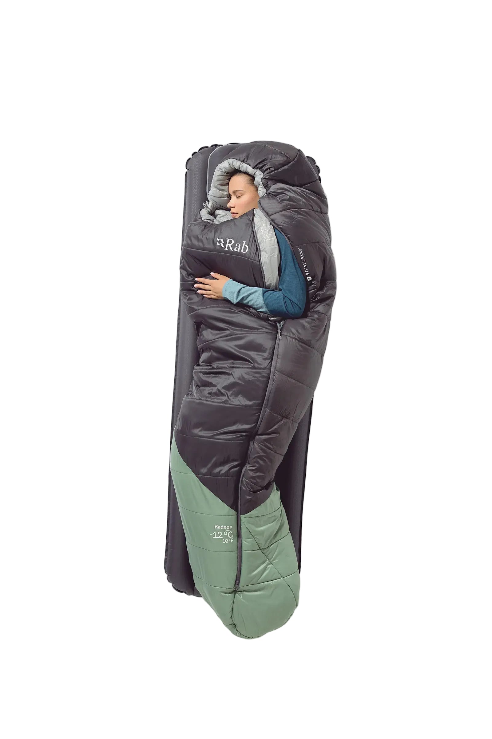 Rab Women's Radeon Synthetic Sleeping Bag (-12°C/10F) in Dark Fig Green/Graphene - worn, lying flat