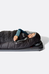 Rab Women's Radeon Synthetic Sleeping Bag (-12°C/10F) in Dark Fig Green/Graphene - worn, side sleeping close-up