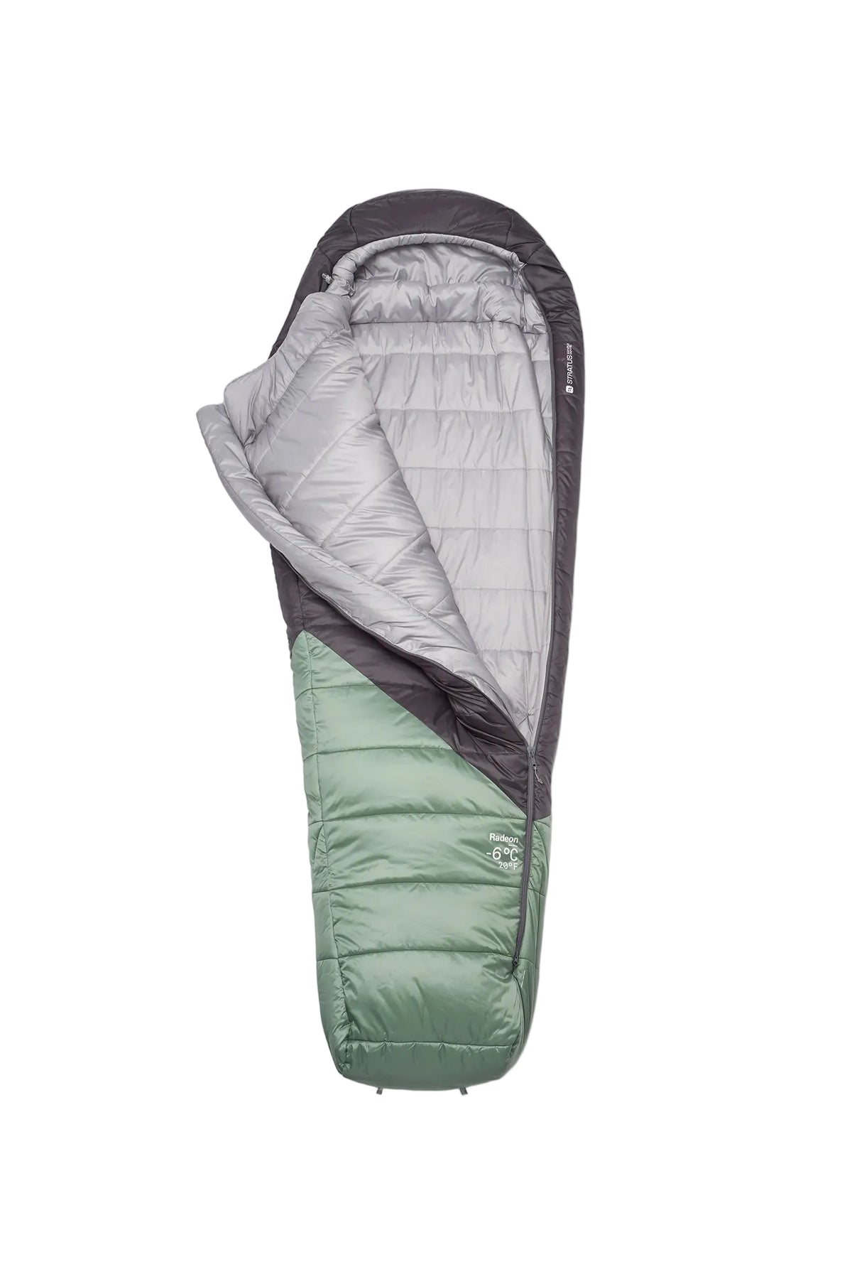 Rab Women's Radeon Synthetic Sleeping Bag (-6°C/20F) in Dark Fig Green/Graphene - unzipped, open